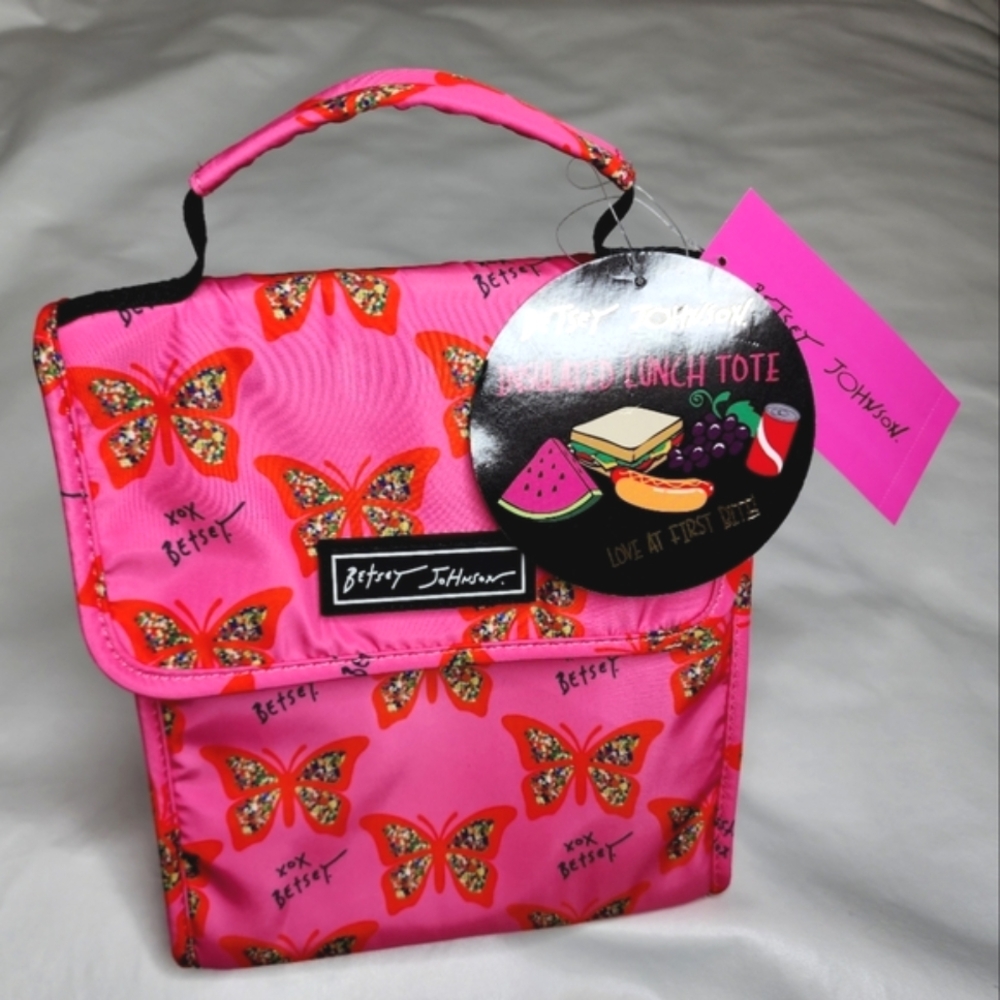 Betsey Johnson Lunch Tote Bag Insulated Flap Top  Hot Pink Butterfly Print NWT